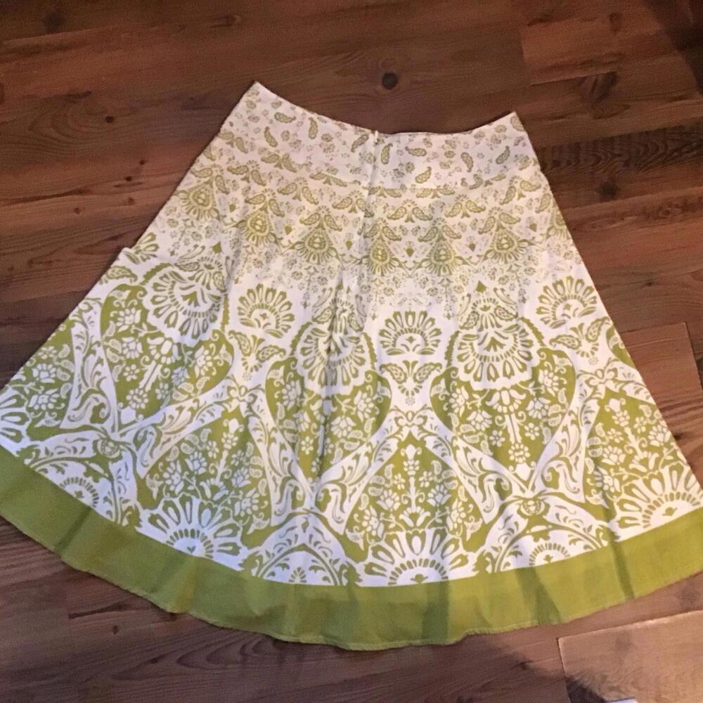Green White Tribal Block Print A Line Midi Skirt Cotton Size 12